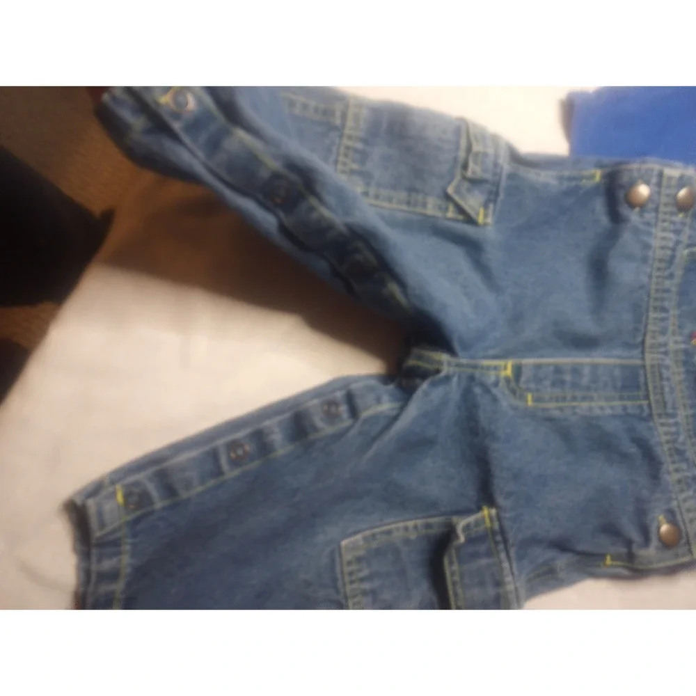 Vtg 18 Month Denim Overall Bibs Aeroplane Embroidered With Shirt‎